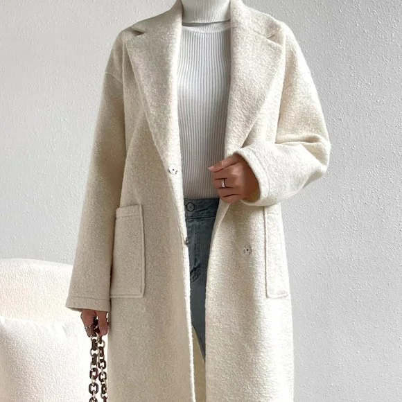 Apricot Elegant Womens Lapel Neck Drop Shoulder Dual Pocket Overcoat - Picture 4 of 5